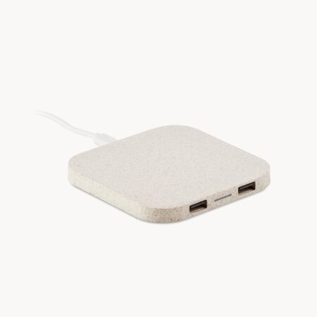 Base de carga inalámbrica de paja de trigo con 2 puertos USB