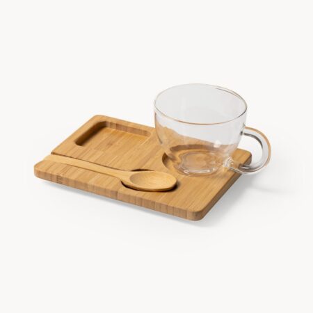 Set taza de cristal con cuchara y bandeja de bambú