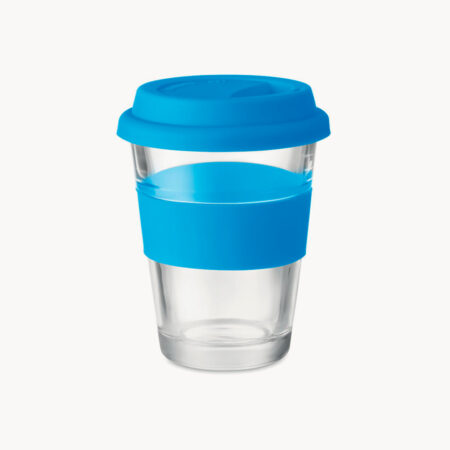 Vaso de viaje 350 ml de cristal con tapa y agarre de silicona