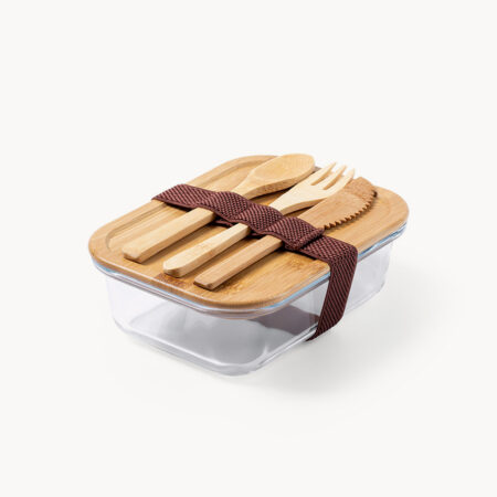 Set de tupper de cristal y madera con cubiertos